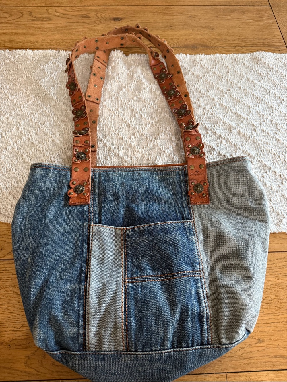 Patricia Nash Blue Denim Tote with Studded Tan Leather Straps